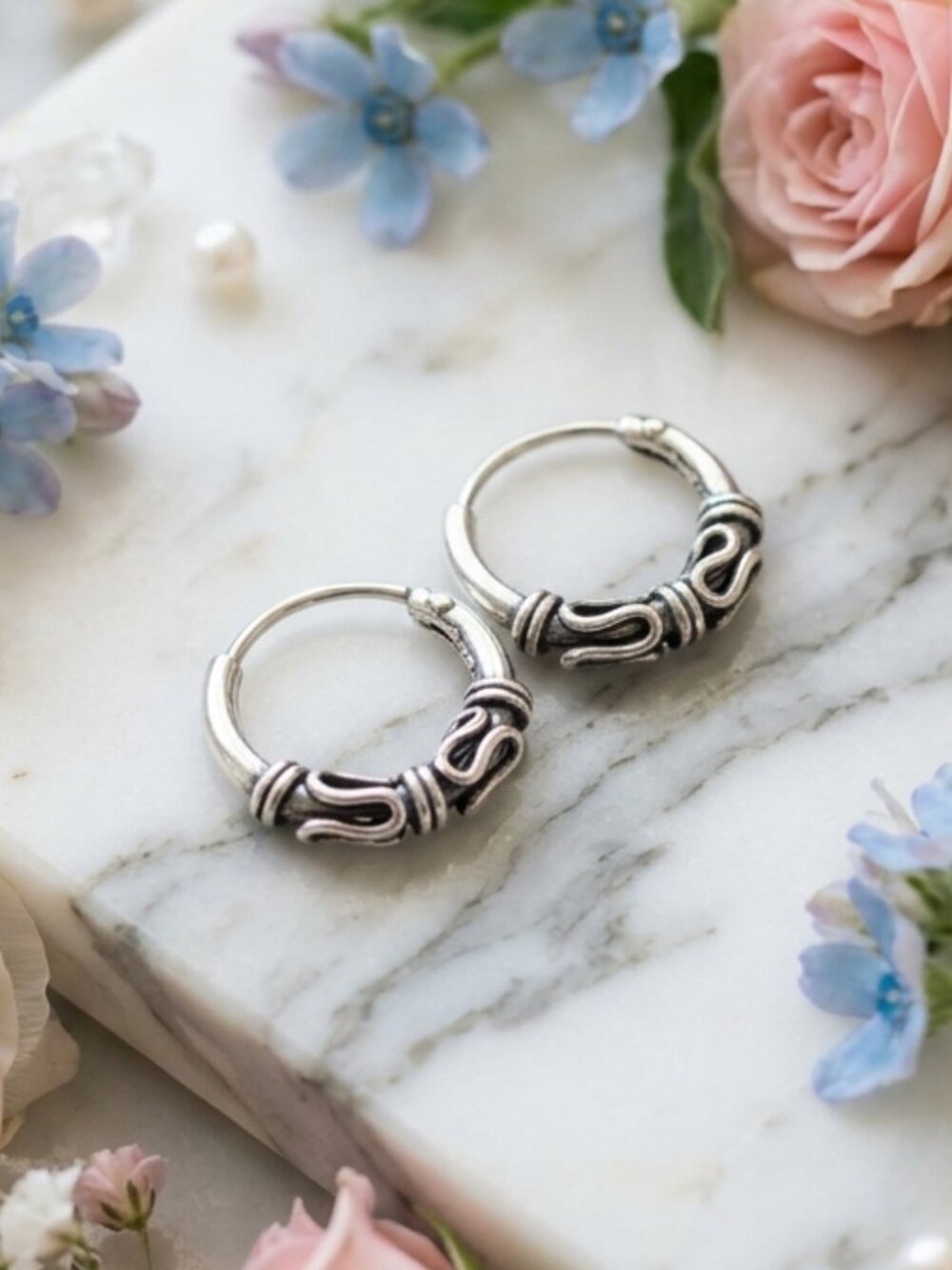 925 Silver Petite Huggie Hoop Earrings Bali Rope Scroll Vintage Style
